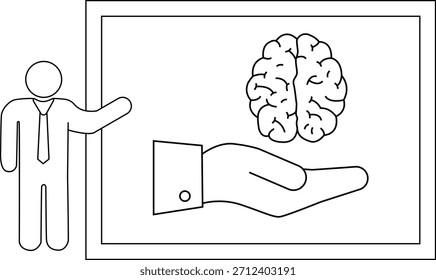A person gesturing toward a hand holding a brain in a framed illustration