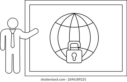 A person gesturing towards a board displaying a globe with a padlock overlay