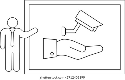 Una persona que hace un gesto hacia una imagen enmarcada de una mano que sostiene una cámara de circuito cerrado de televisión