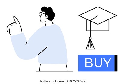 Person gesturing towards a graduation cap and BUY button signifies educational investment. Ideal for learning, e-commerce, education, online courses, graduation, marketing, and e-learning platforms