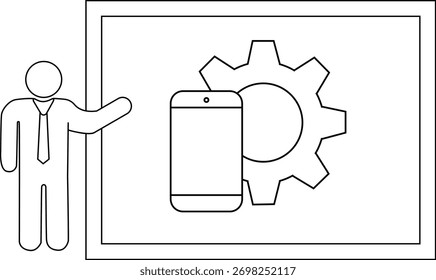 A person gesturing towards a presentation board with a phone gear icon