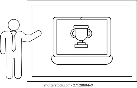 Una persona que hace un gesto hacia una pantalla que muestra un trofeo dentro de una presentación enmarcada