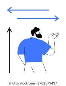 Uma pessoa gesticulando sob duas setas azuis horizontais e uma seta preta vertical. Ideal para temas de direção, escolha, comunicação, navegação, tomada de decisão, liderança, estratégia. Metáfora de linha