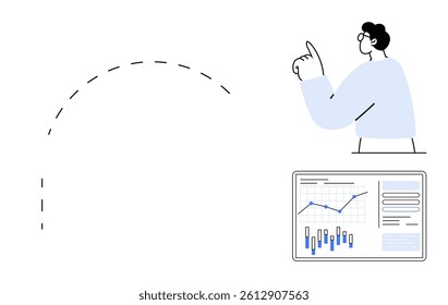 Person gesturing upwards near graph on screen with positive trend, emphasizing progress and success. Ideal for business growth, presentations, data analysis, finance, strategy planning, project