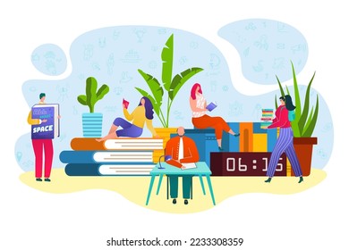Person get knowledge from study education book concept, vector illustration. Man woman people group character read in library