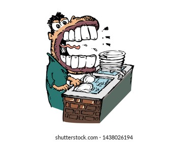 A person gets so angry with his responsibility or he simply hates dish washing cartoon concept.  Editable Clip Art