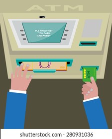 Person gets cash from Automated Teller Machine Top View concept. ATM accepts bills for payment and for withdrawal.