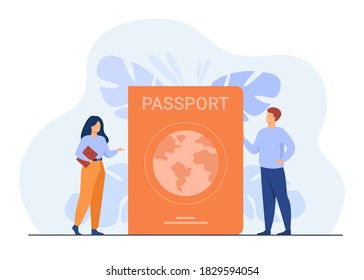 Person getting ID document. Tiny people travelling with foreign passport. Flat vector illustration for citizenship, national identification, visa, ID card concept