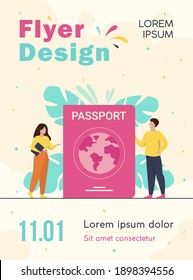 Person getting ID document. Tiny people travelling with foreign passport. Flat vector illustration for citizenship, national identification, visa, ID card concept