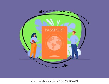 Person getting ID document. Tiny people travelling with foreign passport. Flat vector illustration for citizenship, national identification, visa, ID card concept