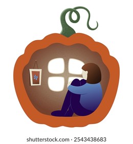 Person (girl or woman) sitting alone inside of a huge pumpkin like in a house, looking through its window in sadness, frustration or depression. Autumn Mood Illustration, fall lonely character.