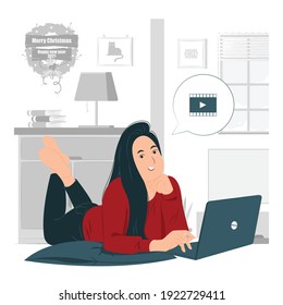 person, girl, a woman watching a movie on a laptop while lying, entertainment concept illustration