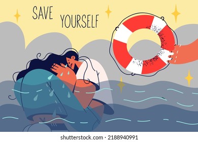 Person give crying unhappy woman rescue ring for saving. Helping hand stretching inflatable buoy to depressed female suffering. Save yourself concept. Vector illustration. 