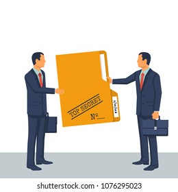 Person give secret documents. Top secret folder. Vector illustration flat design. Isolated on white background. Documents confidentially. Paper information in file. Deal transmission of information.