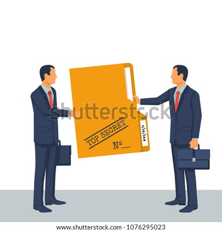 Person give secret documents. Top secret folder. Vector illustration flat design. Isolated on white background. Documents confidentially. Paper information in file. Deal transmission of information.