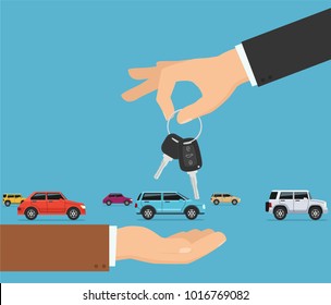 Person gives apartment keys to another person. Concept transfer automobile keys.