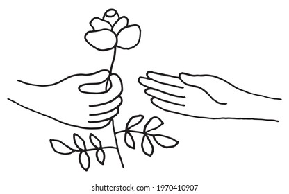 A person gives a flower to a person of a different race. Black lives matter. Vector in Doodle Style. EPS 10