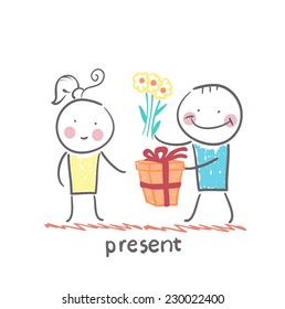 a person gives a gift of flowers girl