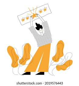 La persona da la nota. Concepto de retroalimentación. Ilustración de vector plano dibujada a mano en color amarillo aislado en fondo blanco 