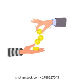 The person gives the money to the criminal. Vector illustration, flat cartoon color minimal design isolated on white background, eps 10.