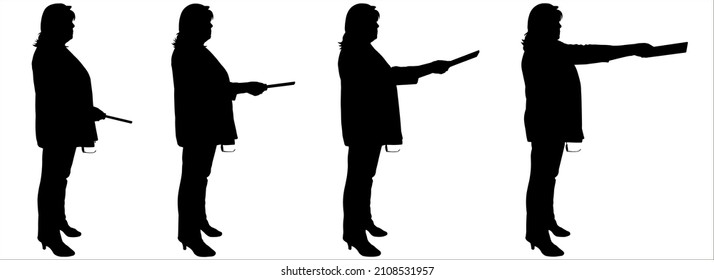 A person gives or takes an object. An office worker holds out something in front of him. Silhouettes isolated on white background. Side view. Business lady in a business suit. Storyboard for animation