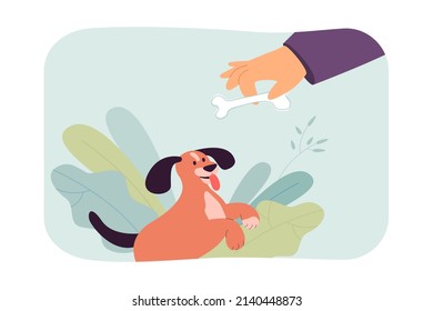 Person giving bone to dog flat vector illustration. Owner feeding happy pet, taking care of health. Food, friendship, domestic animal concept for banner, website design or landing web page