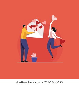 The person giving an envelope full of hearts to a young girl, a Love letter envelope with valentine or anniversary background