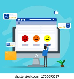 Pessoa que dá comentários no monitor de exibição do site. Adequado para blogs de tecnologia, artigos de design de ux e conceitos de atendimento ao cliente.