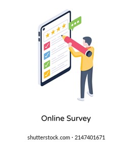 Person giving online reviews, an isometric icon of online survey 

