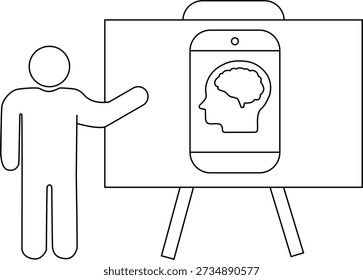 Person giving presentation of cellphone with a brain in head icon