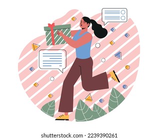 Person giving and receiving gift. Girl holds gift box with beautiful bow and ribbon and hurries to give it to friend. Gift for holiday or birthday. Nice surprise. Cartoon flat vector illustration