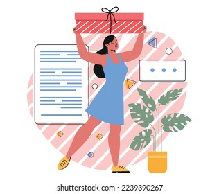Person giving and receiving gift. Smiling woman holding holiday present or box with beautiful wrapping paper, ribbon and bow. Character arranges surprise for friend. Cartoon flat vector illustration