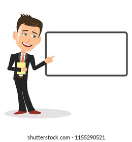 Person giving some fun speech interesting for the audience mentor educator teacher manager ceo executive sales man director chairman boss book in one hand pointing to a blank empty white board