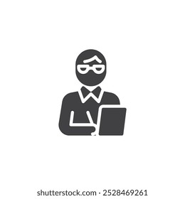 Person with glasses holding a clipboard vector icon. filled flat sign for mobile concept and web design. Psychologist glyph icon. Symbol, logo illustration. Vector graphics