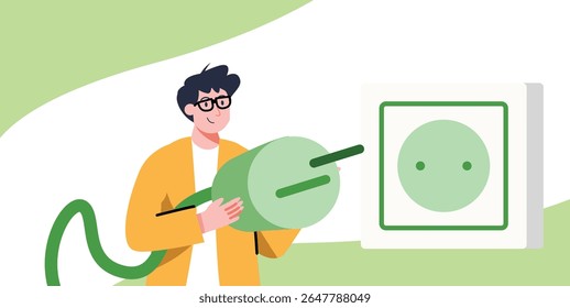 Pessoa com vidros segurando um plugue verde grande e de frente para uma tomada de parede branca com um círculo verde, criando uma ilustração limpa e moderna adequada para temas de economia de energia ou tecnologia.