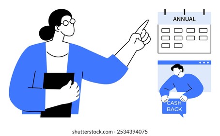 Person with glasses pointing at a calendar with label Annual, holding a black notebook. Bottom right corner another person holding a cash back sign. Ideal for finance, planning, calendar, reminders