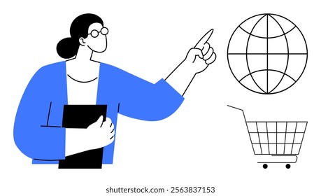 A person with glasses points at a globe, next to a shopping cart. Ideal for e-commerce, global trade, online business, digital marketing, education. Modern, clean, simple style