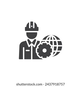 Person with a globe and gear vector icon. filled flat sign for mobile concept and web design. Network Engineer glyph icon. Symbol, logo illustration. Vector graphics
