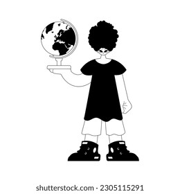 The person with the globe. Learning subject. Dim and white line craftsmanship. Trendy style, Vector Illustration