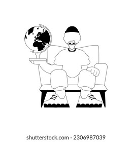 The person with the globe. Learning subject. Dim and white line craftsmanship. Trendy style, Vector Illustration