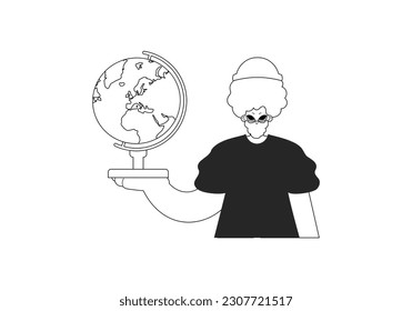 The person with the globe. Learning subject. Dim and white line craftsmanship. Trendy style, Vector Illustration
