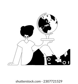 The person with the globe. Learning subject. Dim and white line craftsmanship. Trendy style, Vector Illustration