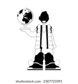 The person with the globe. Learning subject. Dim and white line craftsmanship. Trendy style, Vector Illustration