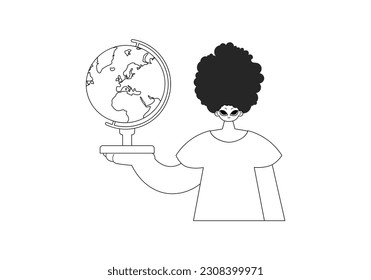 Die Person mit dem Globus. Lernfach. Dim und White Line Handwerk. Trendy Style, Vektorgrafik