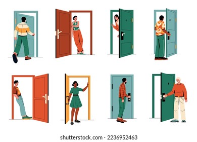 Person go out the door. Male female cartoon characters enter open close doorway, people leaving room standing outside apartment entrance. Vector set. Boys and girls going through entries