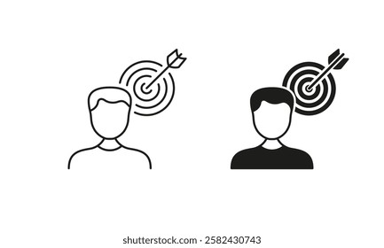 Person with Goal. Human Strategy, Aim Focus Pictogram. Object Oriented Man Line and Silhouette Icon Set. Dartboard Bullseye and Arrow, Target Symbol. Editable Stroke. Isolated Vector Illustration.