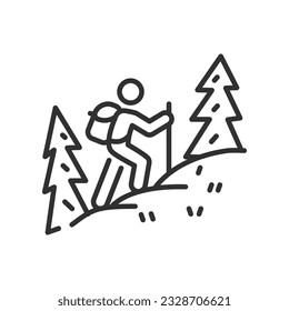 person goes camping, linear icon. A man with a backpack and a stick climbs a mountain. Line with editable stroke