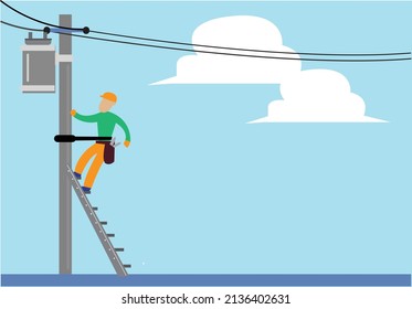 A person goes up to inspect a utility post. Editable Clip Art.