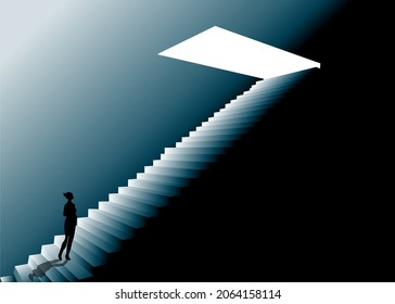 a person goes up the stairs leading up to the bright light