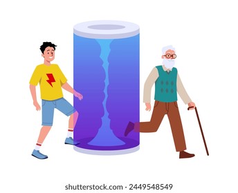 Person goes through magic portal or teleport passage, was young boy became old man. Concept of travel in time and space dimension, quantum leap. Cartoon vector fantastic illustration, fantasy game